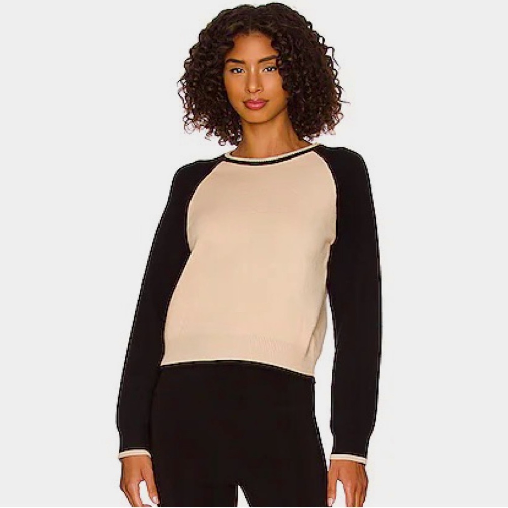 Monrow Crew Neck Color Super Soft Block Sweater in Cream & Black NWT Size S